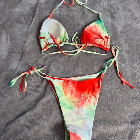NWOT Pink, Yellow, Green Tie Dye Sexy Triangle Bikini w Waist Wrap - Size L - Picture 12 of 16